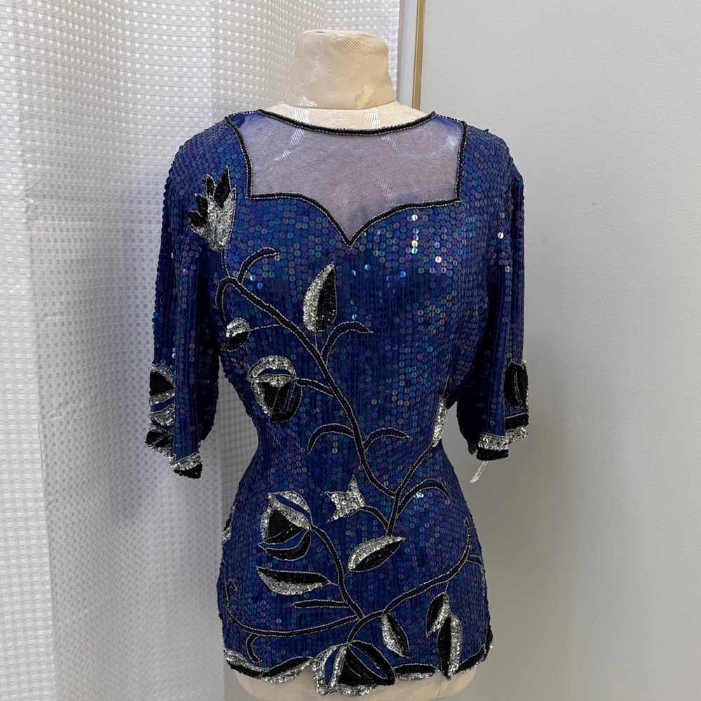 Elegant Blue Sequin Floral Top